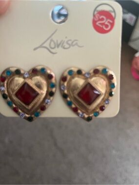 Lovisa Gold Heart Earrings with Red Center and Multicolor Accents